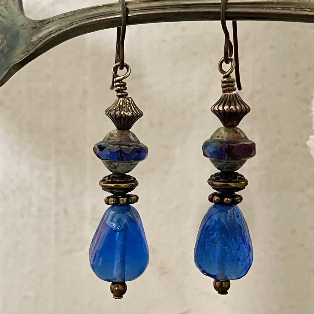 Artisan Earrings - “Brassy Cobalt Blues”Dangles - Picture 4 of 9
